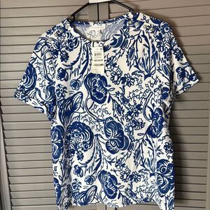 Charter Club White and Blue Peter Pan Collar Blouse